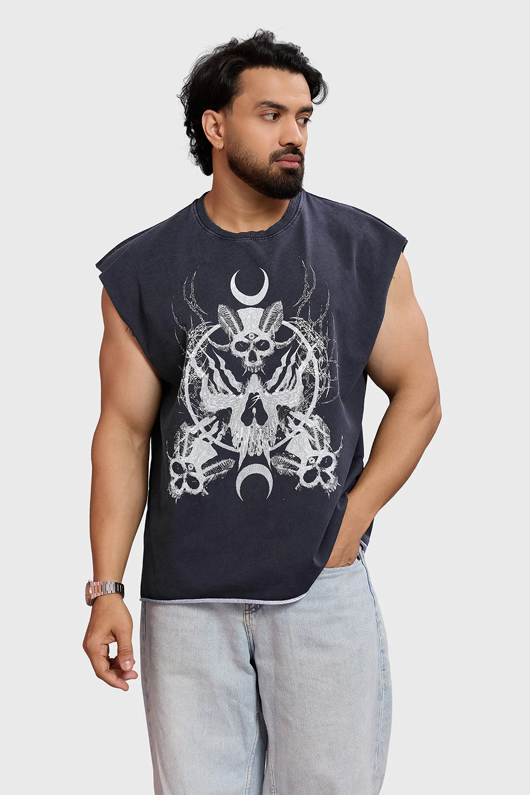 Restricted Washed Capsleeve Tank Dark Grey